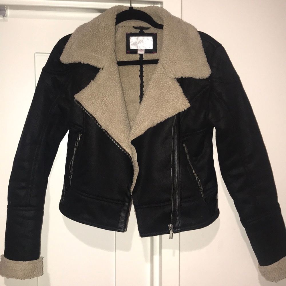 Black leather fur jacket